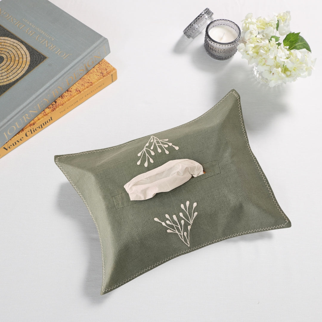 Olive Green Embroidered Tissue Box Cover